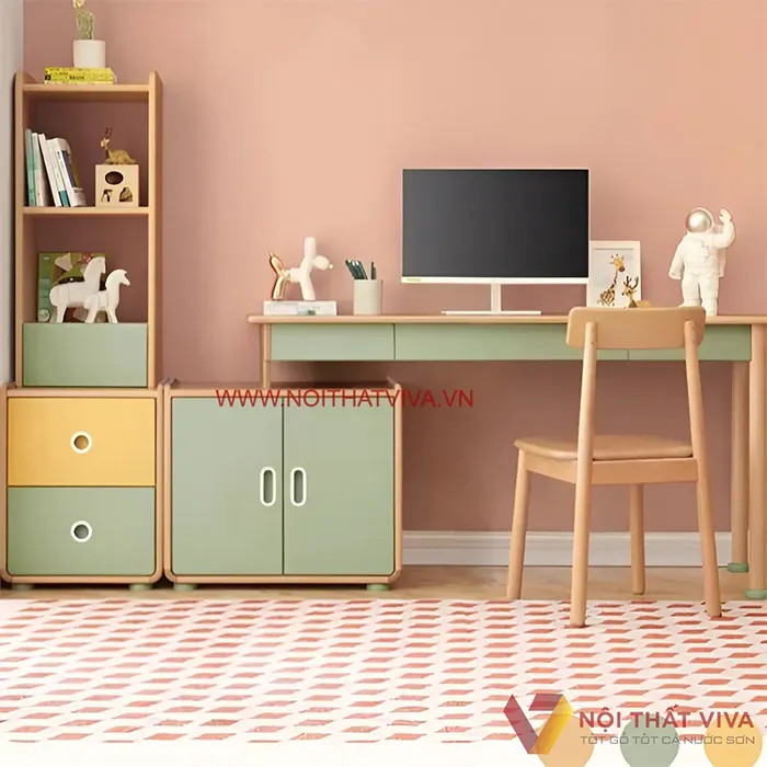 mẫu bàn học sinh bằng gỗ tự nhiên có giá sách tích hợp