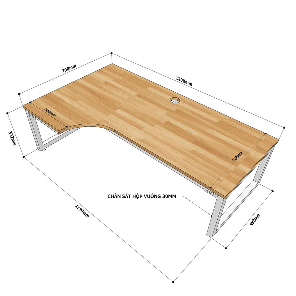 Mẫu bàn làm việc ngồi bệt góc L với kích thước mặt bàn 120x70cm