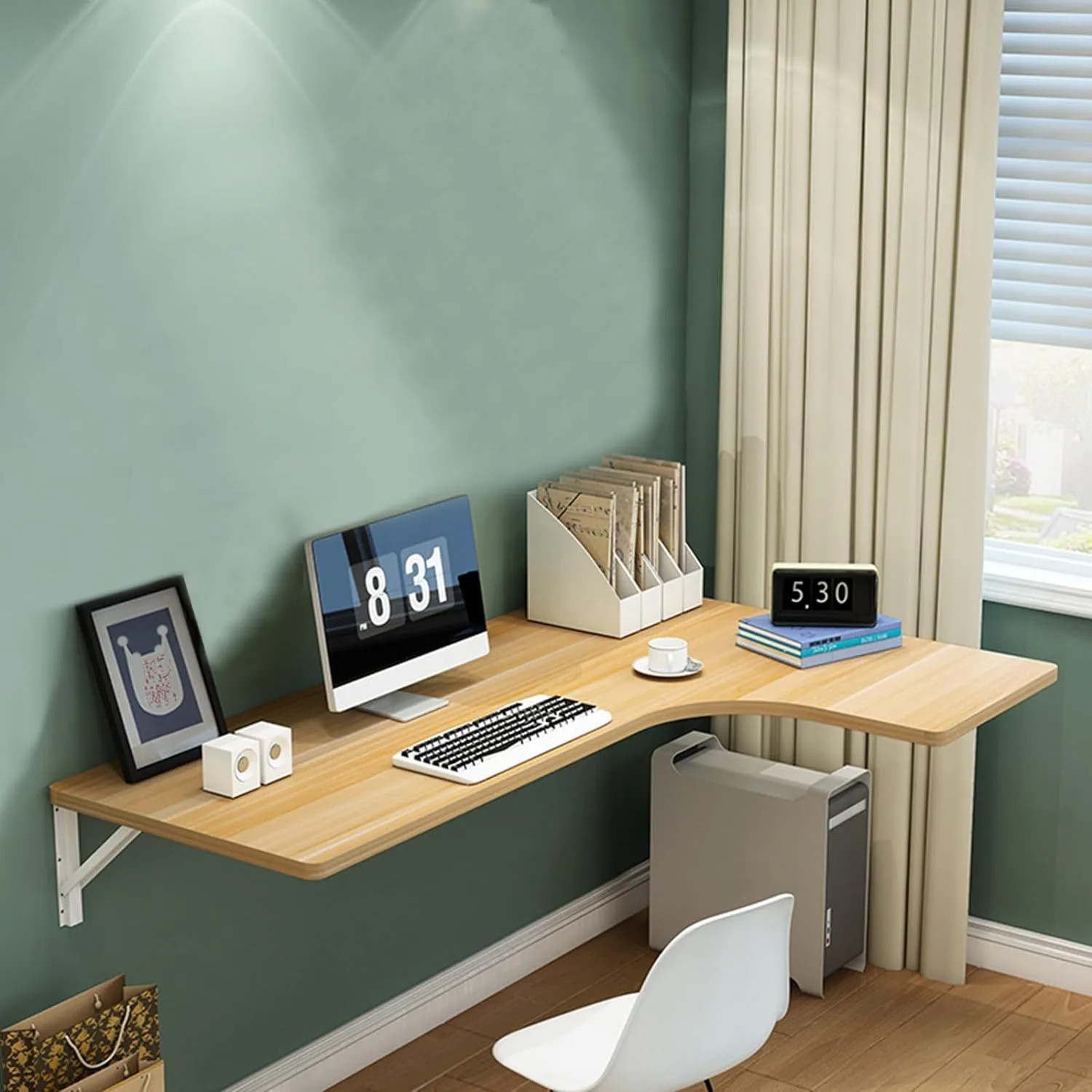 Mẫu bàn máy tính treo góc tường hình chữ L hiện đại, tận dụng không gian hiệu quả