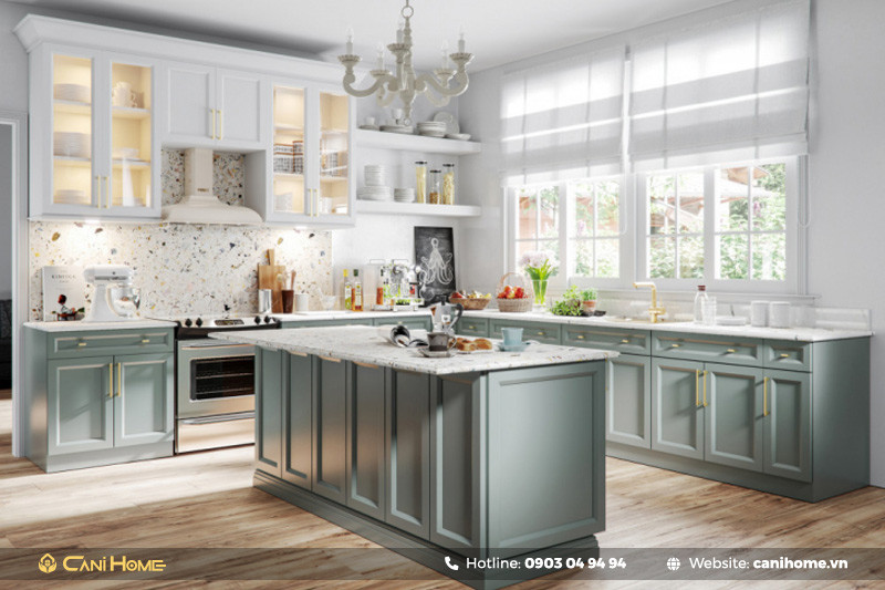 Mẫu Đảo Bếp Tân Cổ Điển Liền Bàn Ăn