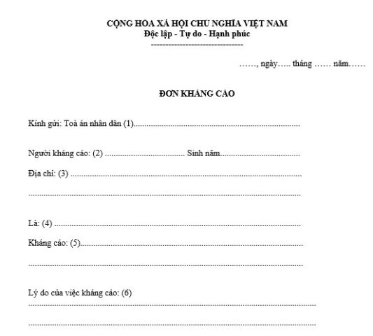 Mẫu đơn kháng cáo bản án hình sự sơ thẩm
