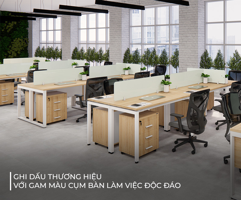 Màu sắc đa dạng của bàn làm việc nhóm 4 người, thể hiện cá tính doanh nghiệp.