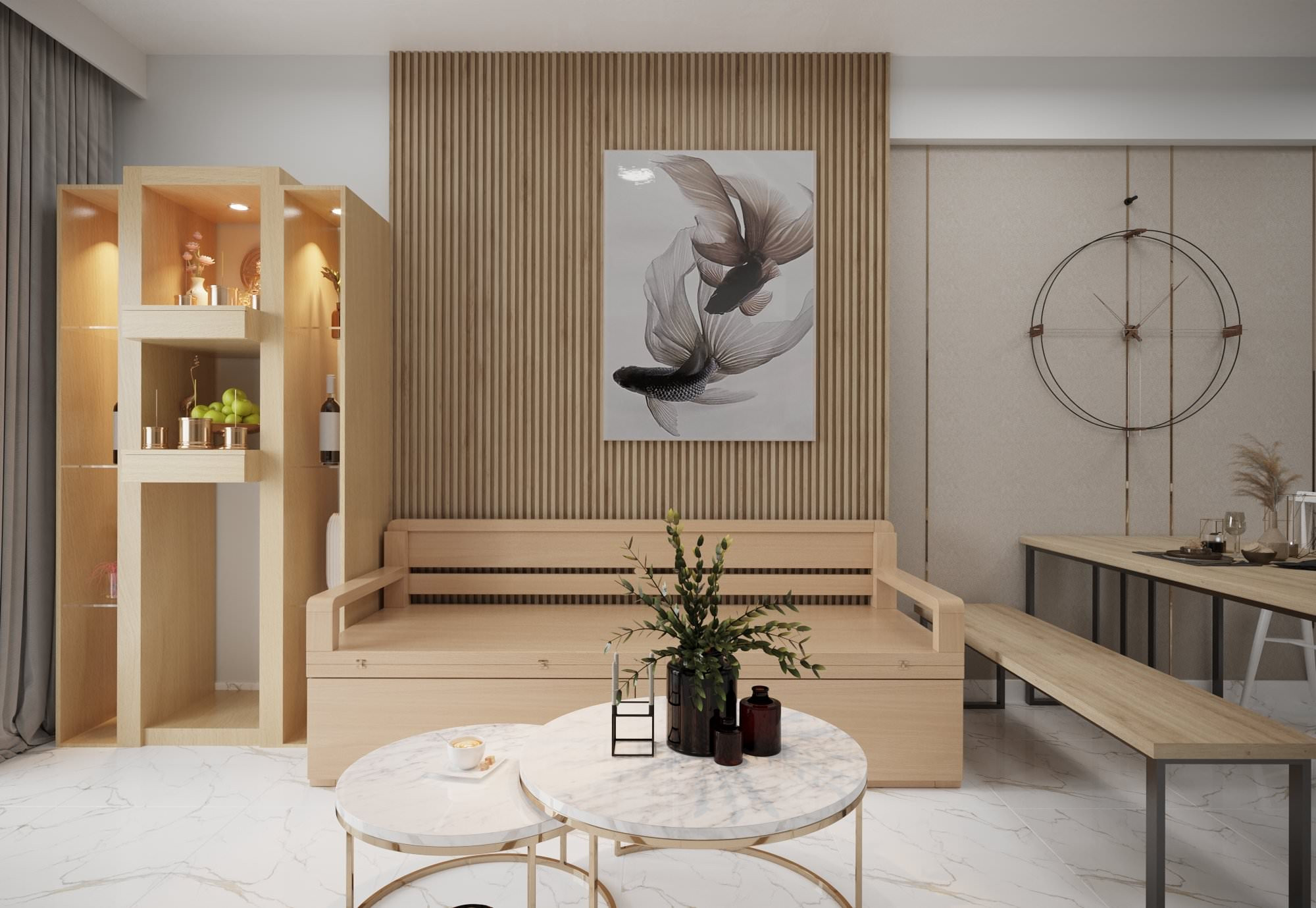 Mẫu sofa gỗ kéo thành giường cho phòng khách chung cư nhỏ