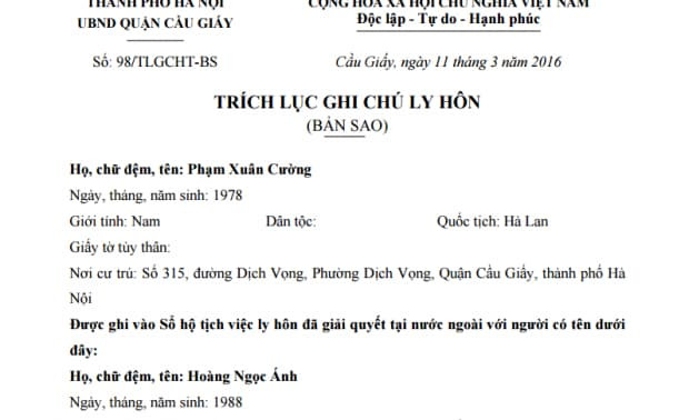 Mẫu trích lục bản án ly hôn thể hiện thông tin cơ bản