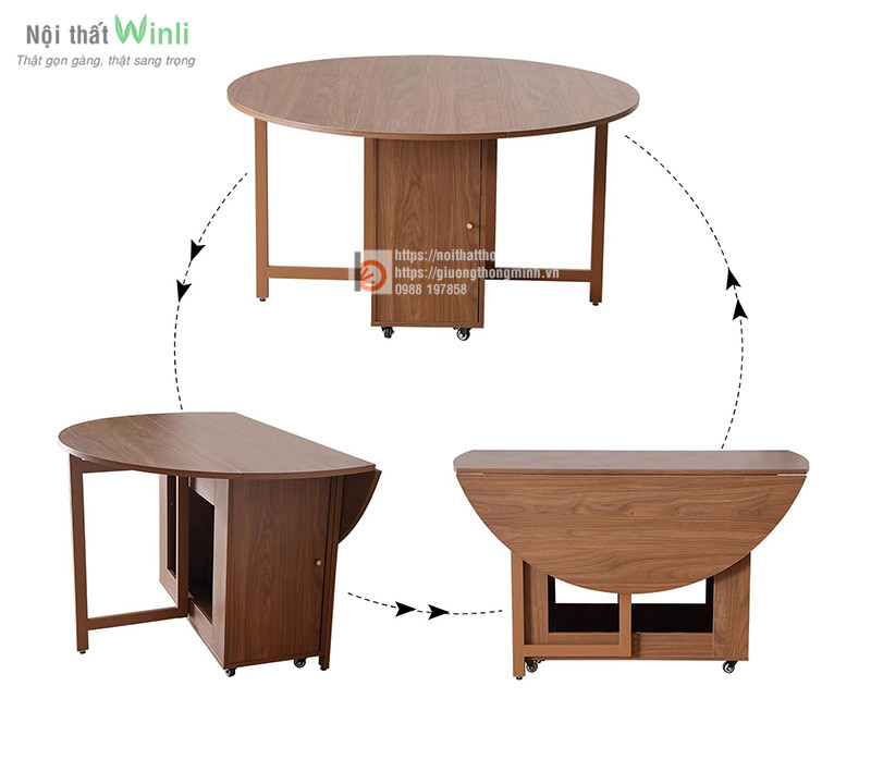 Minh họa ba trạng thái sử dụng linh hoạt của bàn ăn tròn gập, từ gấp gọn đến mở rộng.