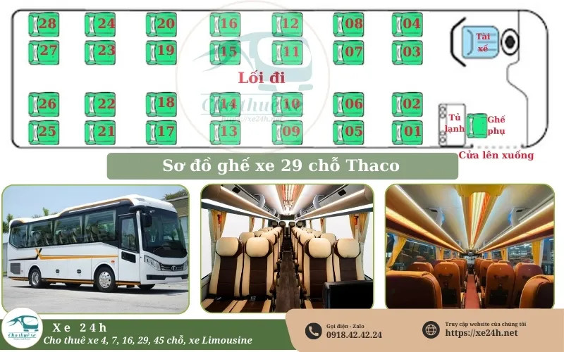 Minh họa sơ đồ ghế ngồi xe 29 chỗ Thaco với cách sắp xếp khoa học.