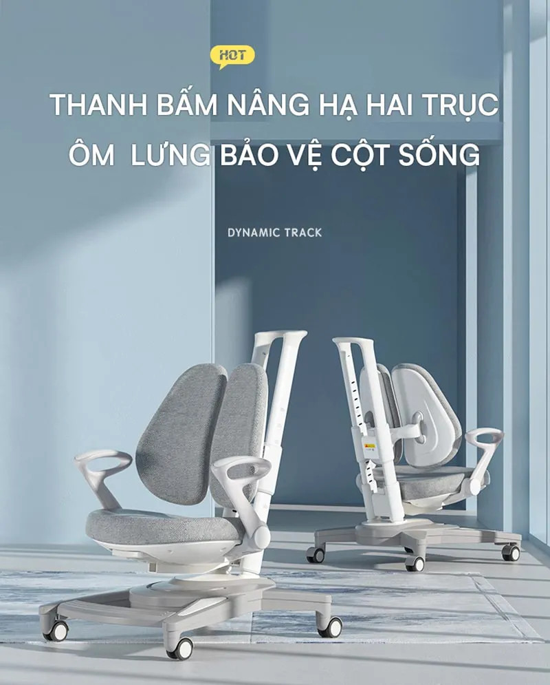 Một mẫu ghế ngồi chống gù lưng hiện đại với thanh bấm nâng hạ hai trục, cho phép điều chỉnh độ cao linh hoạt cho bé