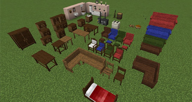 Nội thất đa dạng cho game Minecraft, bao gồm bàn ghế và các vật dụng trang trí.