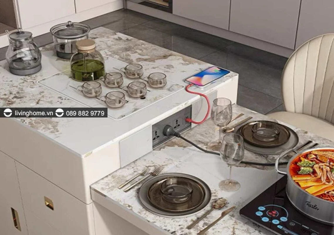 Ổ điện tích hợp tiện lợi trên bàn đảo liền bàn ăn thông minh