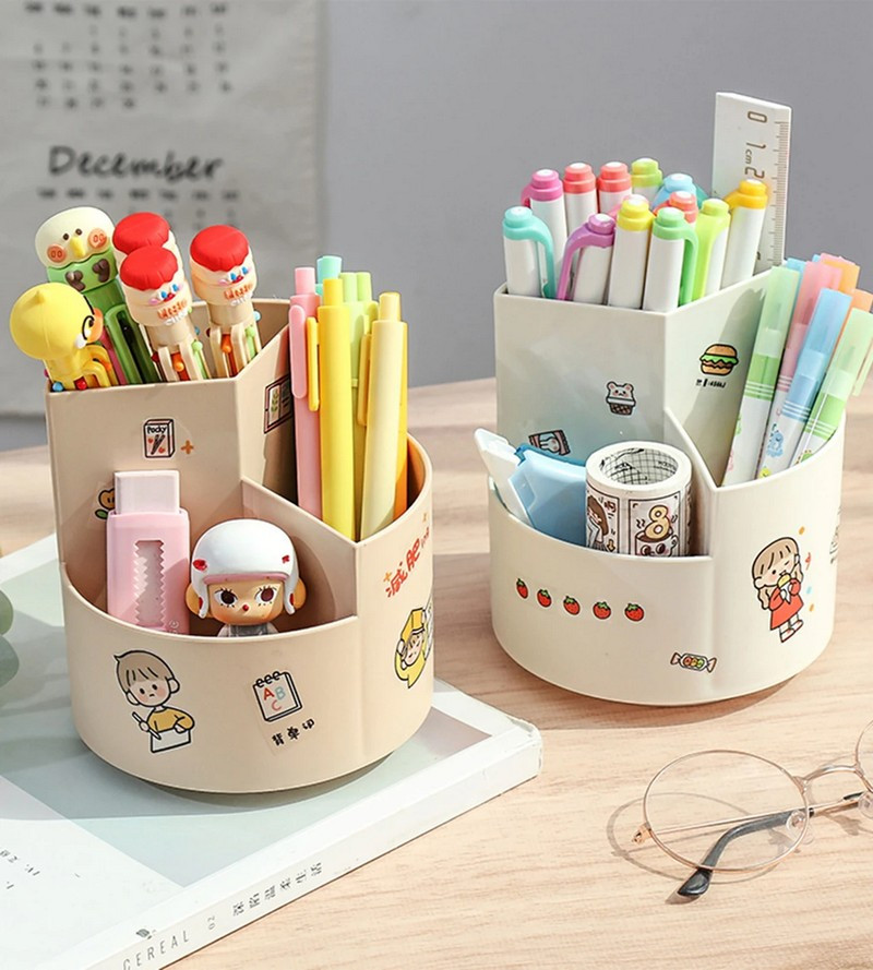 Ống cắm bút gỗ khắc họa tiết, vật trang trí bàn làm việc tiện dụng và thẩm mỹ