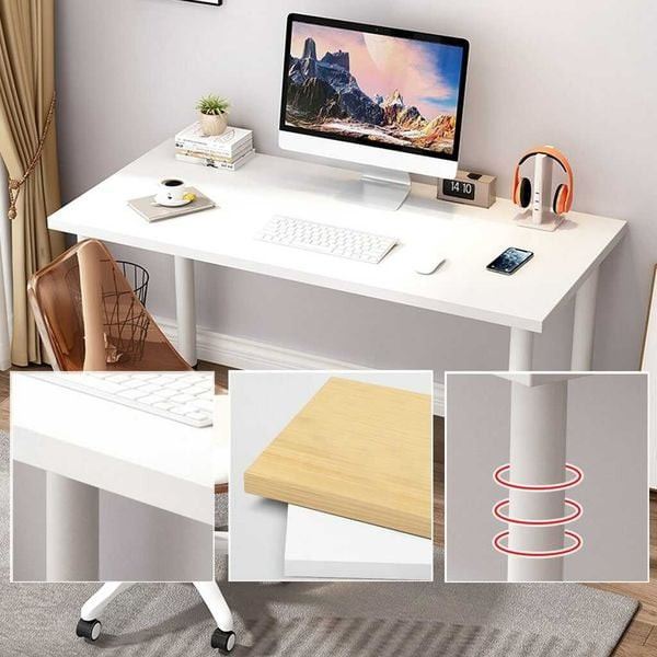 Phối cảnh bàn làm việc màu trắng với cây xanh và trang trí tối giản