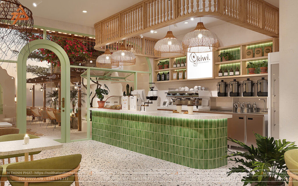 Phối cảnh quán cafe với bàn ghế gỗ milk tea