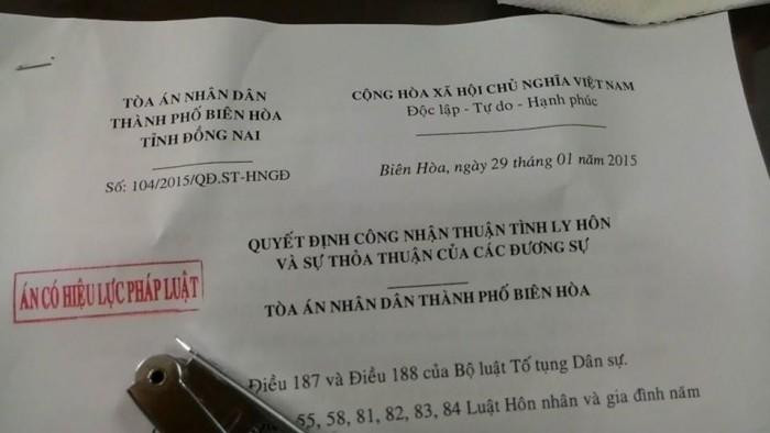 Quyết định công nhận thuận tình ly hôn khi bản án ly hôn có hiệu lực