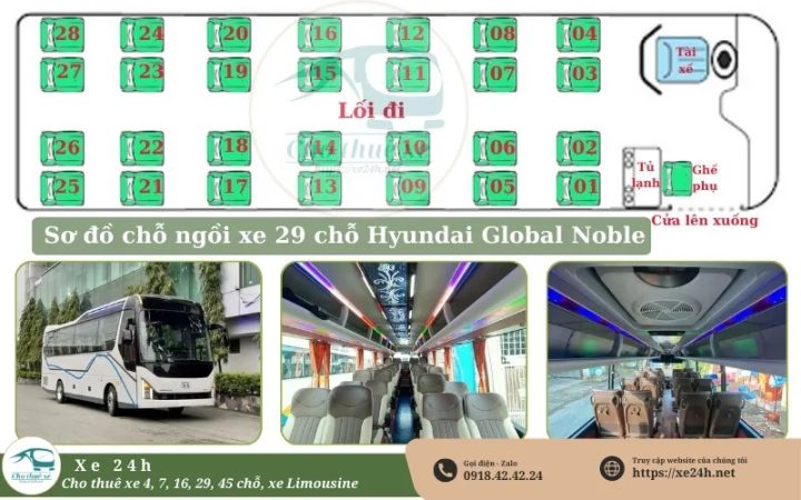 Sơ đồ ghế ngồi xe 29 chỗ Hyundai Global Noble chi tiết, hiển thị bố trí ghế.