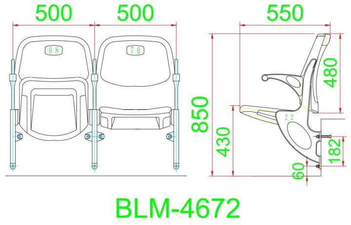 Sơ đồ kích thước chi tiết ghế khán đài lưng cao BLM-4672