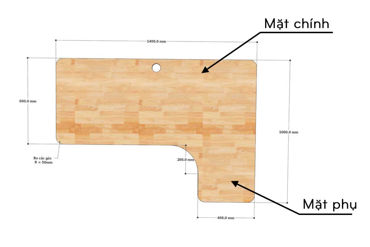 Sơ đồ kích thước mặt bàn làm việc chữ L tiêu chuẩn