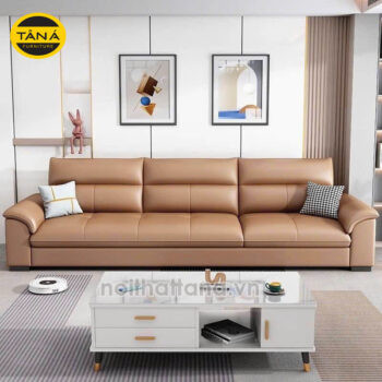Sofa băng da 2m4 cho phòng khách hiện đại, màu nâu trầm.