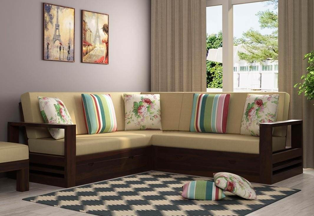 Sofa gỗ sồi chữ L ôm trọn góc chết trong không gian phòng khách chung cư giúp tiết kiệm diện tích hiệu quả