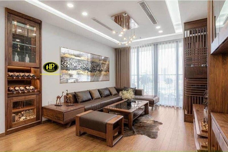 Sofa gỗ sồi góc L cao cấp, bàn ghế Bình Dương
