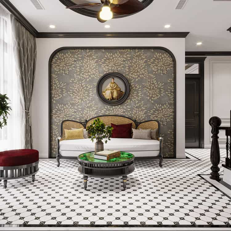 Sofa Indochine hình chữ L với đệm bọc vải sang trọng cho phòng khách