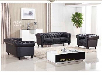 Sofa văn phòng tân cổ điển bọc da màu nâu sang trọng