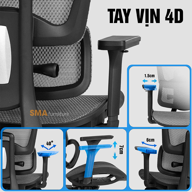 Tay vịn 4D điều chỉnh linh hoạt của ghế công thái học SMA Mirai Pro