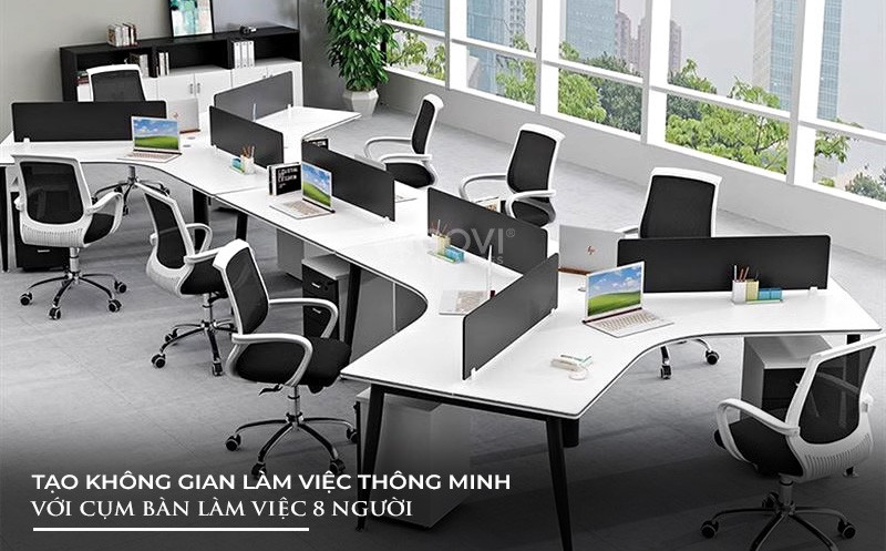 Thiết kế bàn làm việc 8 người tinh tế với vách ngăn lửng, phù hợp với các tiêu chí lựa chọn nội thất văn phòng