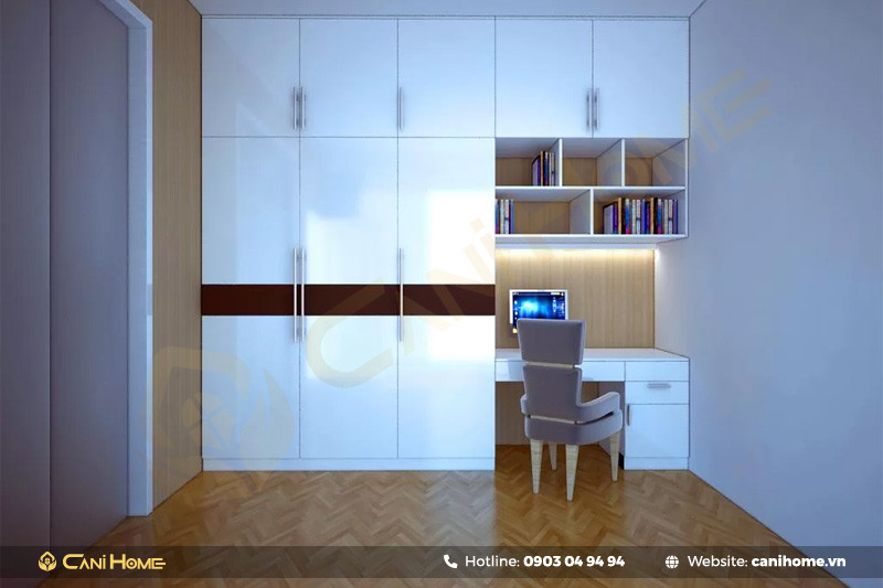 Thiết kế bàn làm việc kèm tủ âm tường hiện đại, sang trọng