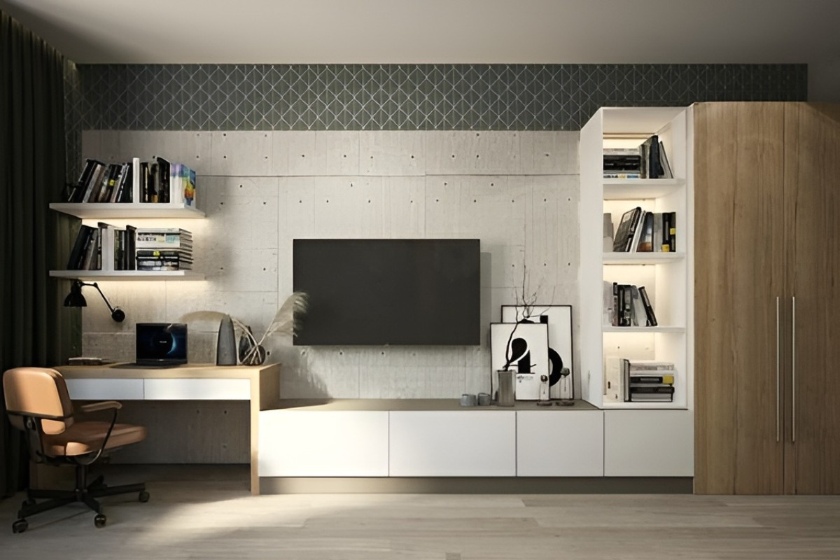 Thiết kế bàn làm việc liền kệ tivi gắn tường tối ưu công năng sử dụng