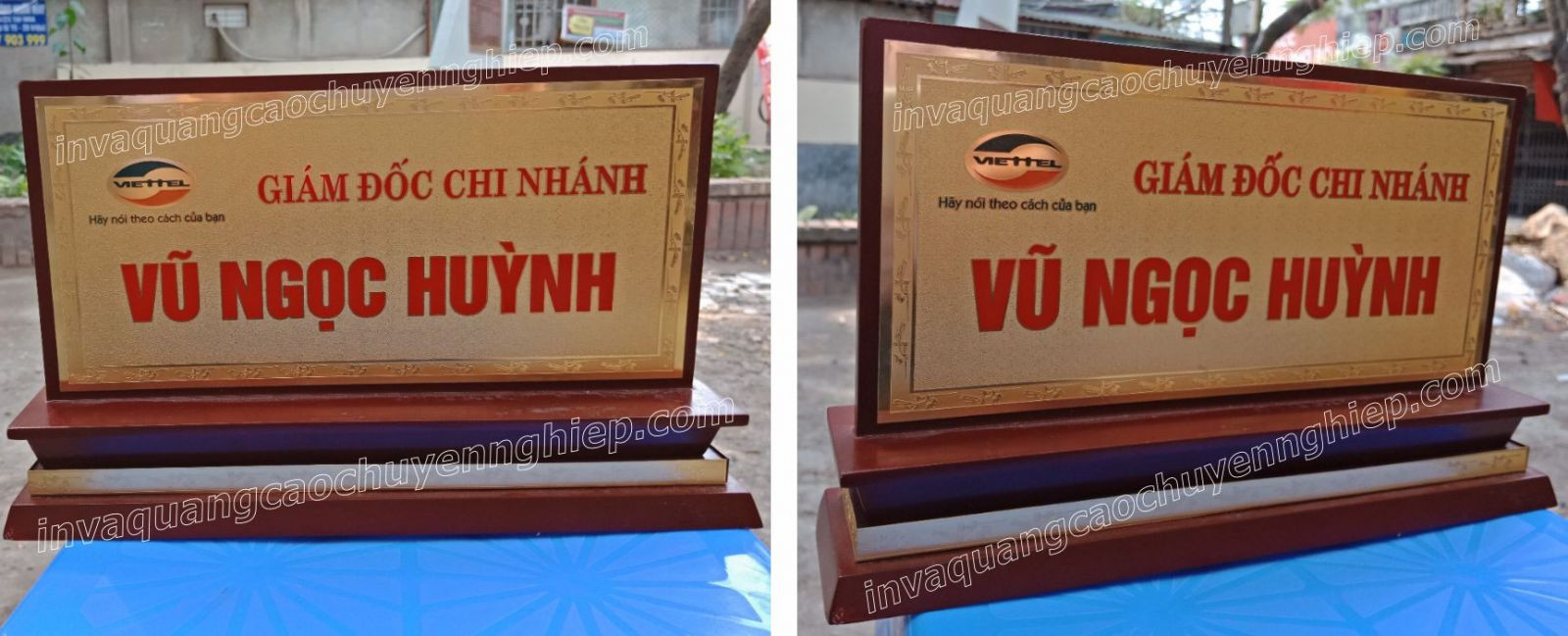 Thiết kế bảng tên để bàn làm việc bằng đồng đế gỗ tam cấp trang nhã