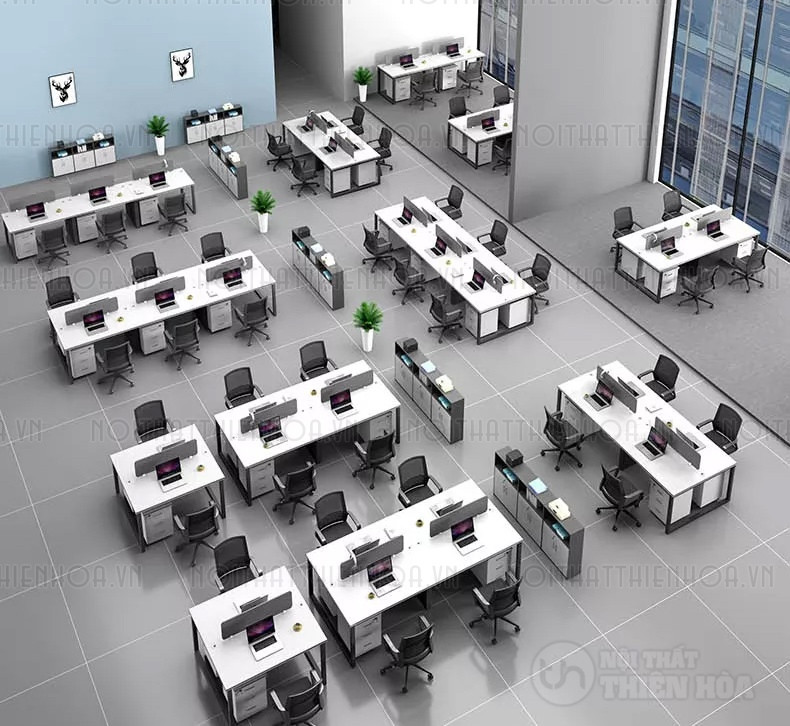 Thiết kế bố trí cụm bàn làm việc chân sắt chữ U trong văn phòng