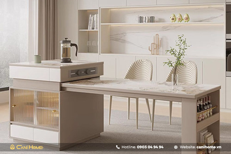 Thiết Kế Đảo Bếp Mặt Đá Liền Bàn Ăn