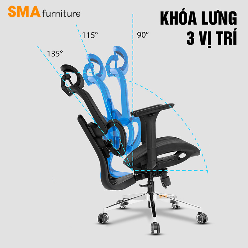 Tính năng ngả lưng 135 độ và gác chân tiện dụng trên ghế công thái học SMA Mirai Pro