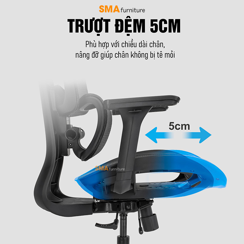 Tính năng trượt mâm ghế công thái học SMA Mirai Pro về phía trước 5cm
