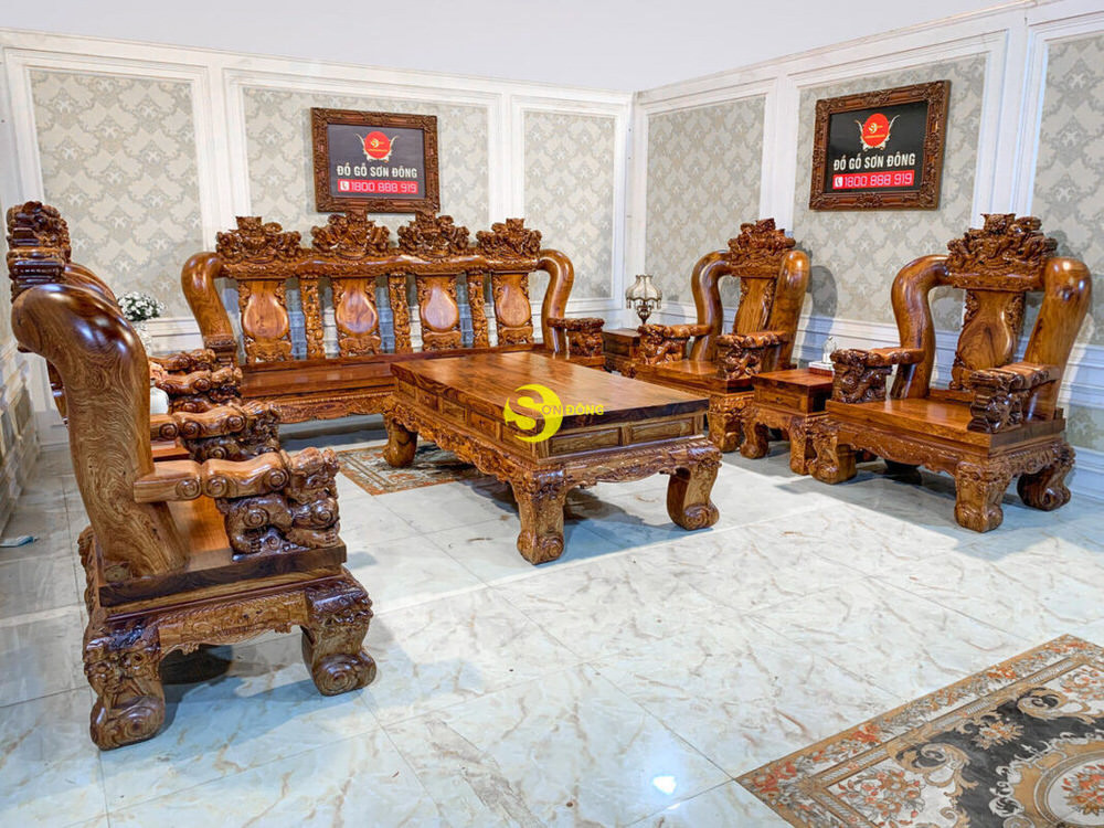 Toàn cảnh bộ bàn ghế tay 22 gỗ cẩm lai 10 món trong không gian rộng