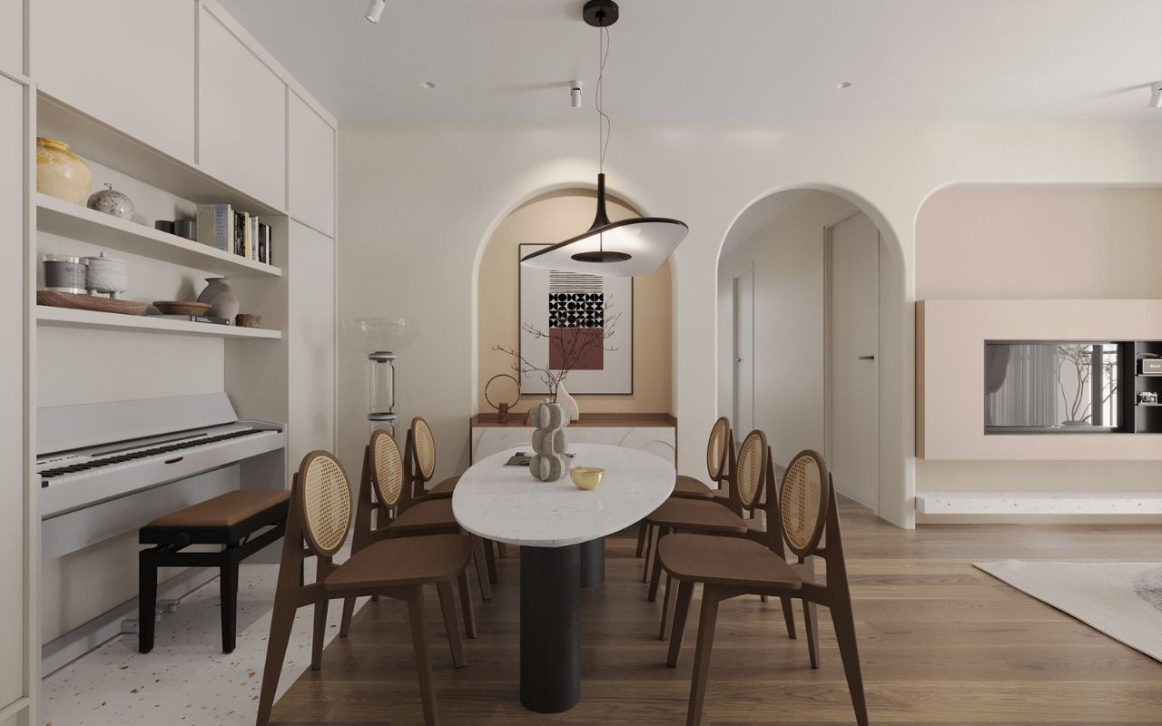 Tổng hợp các mẫu bàn ăn với đa dạng kiểu dáng như tròn, chữ nhật, oval, mỗi loại có chiều cao bàn ăn riêng.