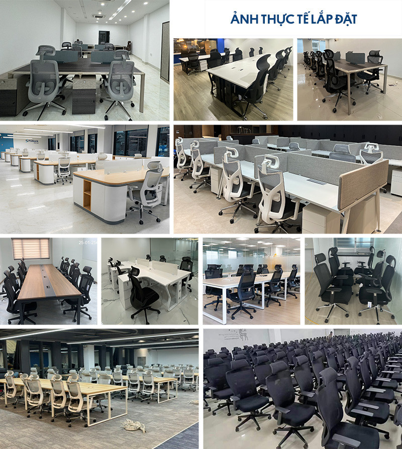 Tổng quan không gian văn phòng hiện đại với nhiều ghế xoay có tựa đầu được sắp xếp gọn gàng