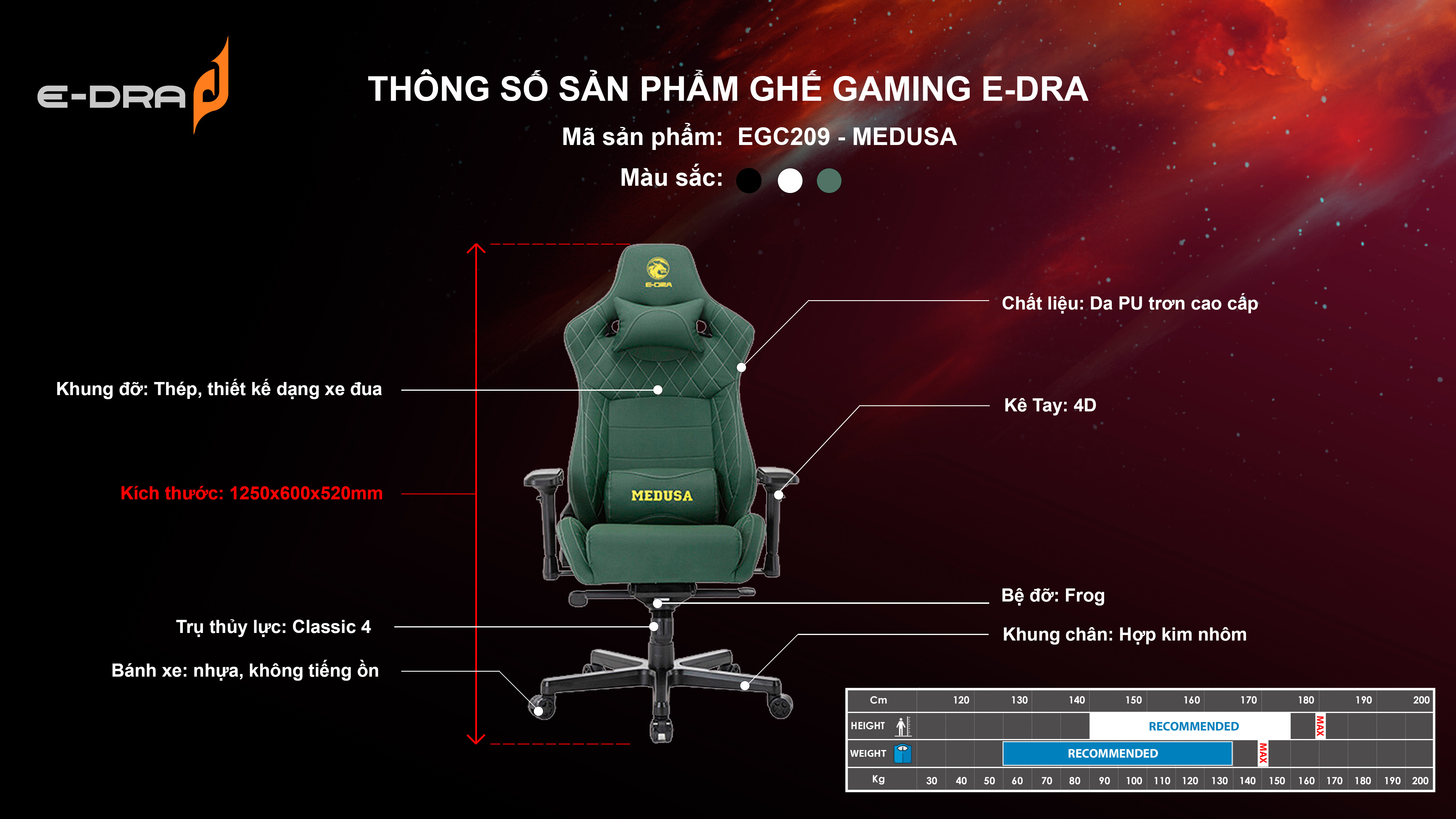 Tổng thể ghế gaming E-Dra Medusa EGC209 từ góc nhìn phía trước