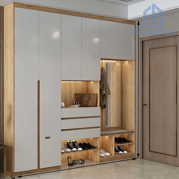Tủ đựng giày dép cao kịch trần tích hợp ghế ngồi