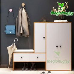 Tủ giày kết hợp ghế ngồi có đệm êm ái, màu gỗ óc chó sang trọng