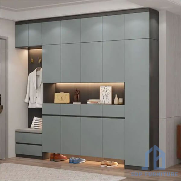 Tủ giày kịch trần kết hợp ghế ngồi gỗ công nghiệp sang trọng