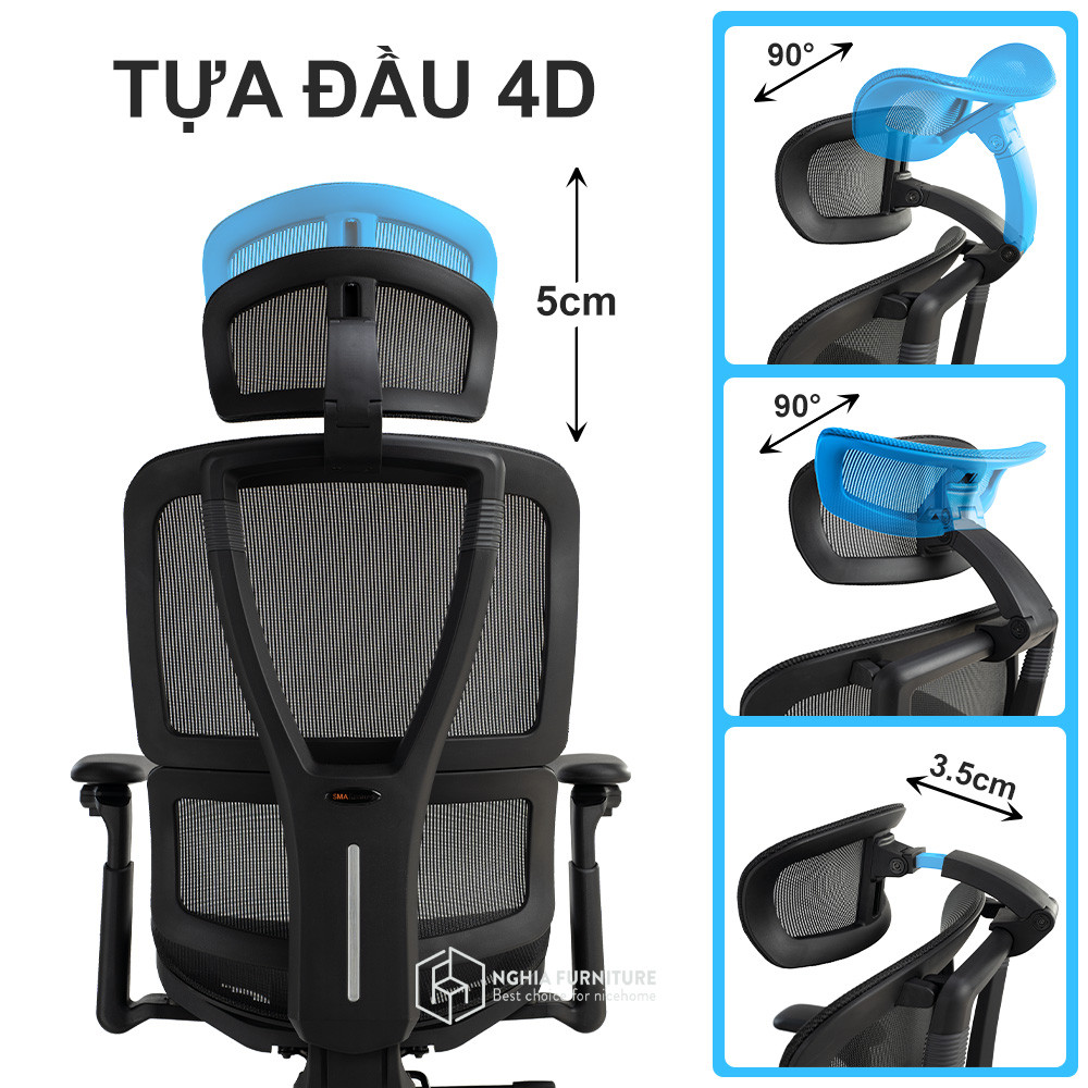 Tựa đầu 4D cao cấp có thể điều chỉnh đa hướng của ghế công thái học Lumbar