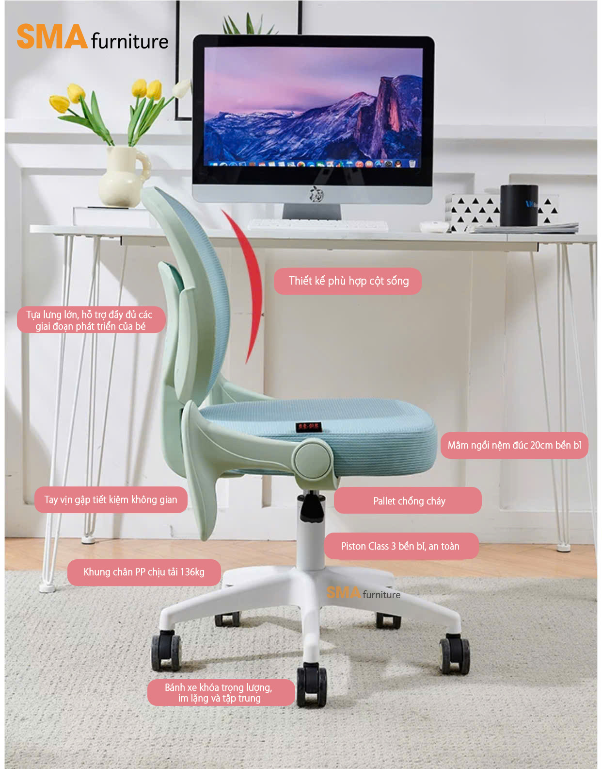 Tựa lưng ergonomic ôm sát dáng lưng của ghế công thái học gấp gọn