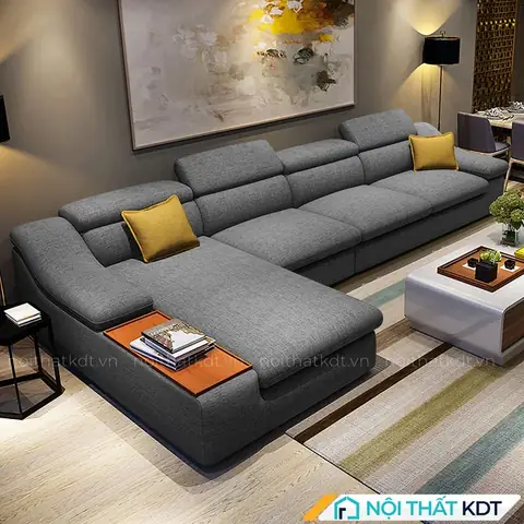 Bộ Ghế Sofa Vải Nỉ Cao Cấp Phòng Khách Góc Chữ L Có Khay Gỗ S161