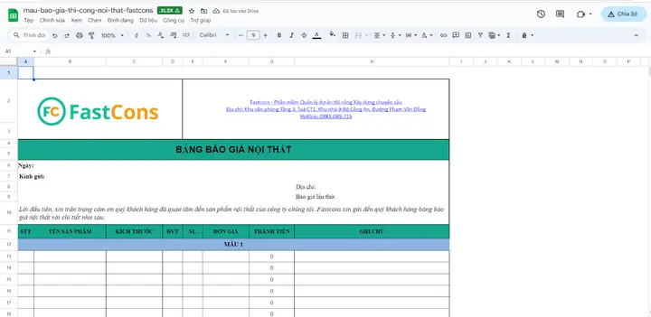Mẫu Bảng Báo Giá Thi Công Nội Thất 2
