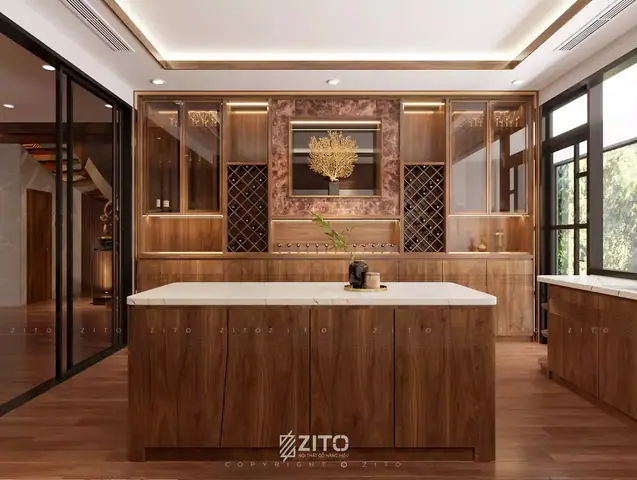 Thiết Kế Nội Thất Căn Hộ Duplex Gỗ Óc Chó Phòng Bếp