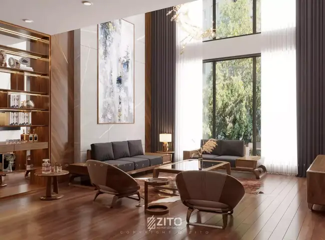 Thiết Kế Nội Thất Căn Hộ Duplex Gỗ Óc Chó Phòng Khách