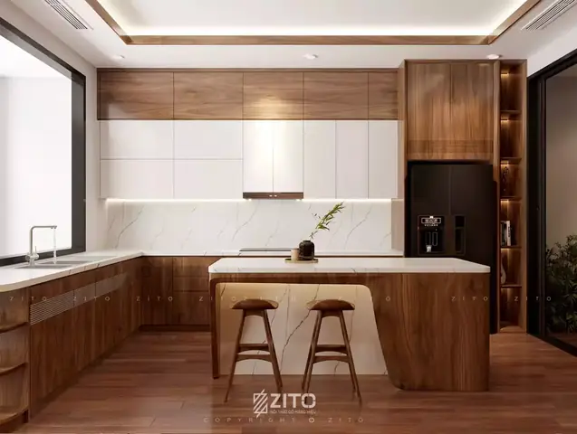 Thiết Kế Nội Thất Căn Hộ Duplex Gỗ Óc Chó Phòng Bếp