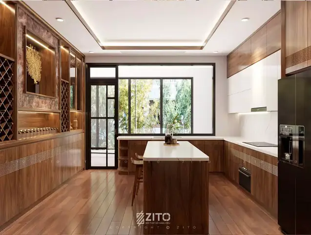 Thiết Kế Nội Thất Căn Hộ Duplex Gỗ Óc Chó Phòng Bếp