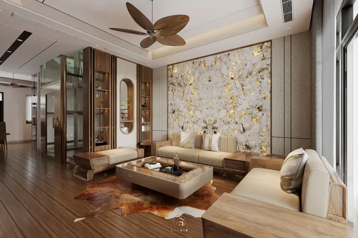 Không Gian Phòng Khách Nổi Bật Với Sofa Gỗ Óc Chó Và Hệ Tủ Gỗ